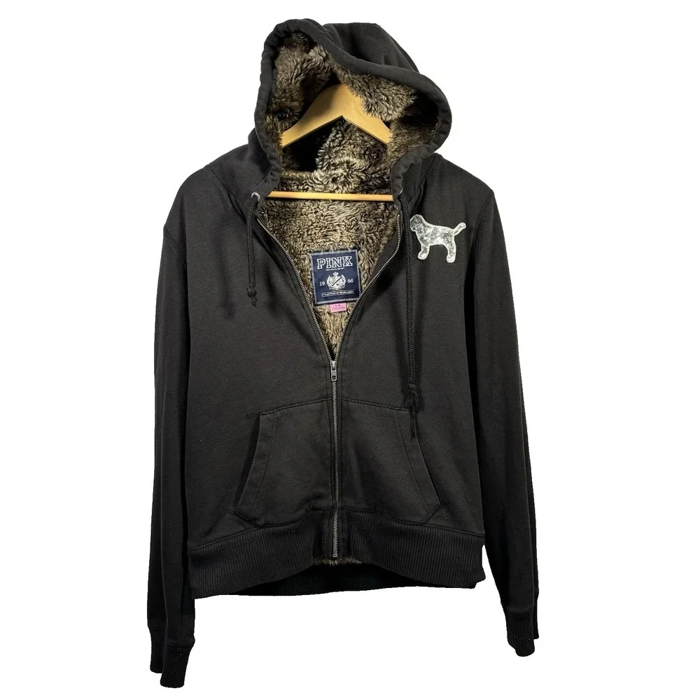 Victorias Secret PINK Y2K Hoodie Large Faux Fur Lined Bling Sequin Full Zip Read - Picture 2 of 11